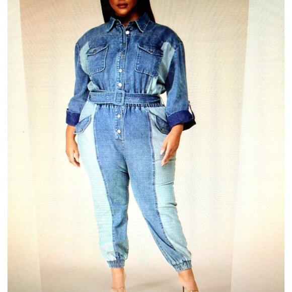 LAtiste by Amy Womens 2X  Jumpsuit Blue Two-Tone Denim Long Sleeve One-Piece NEW - Picture 4 of 5